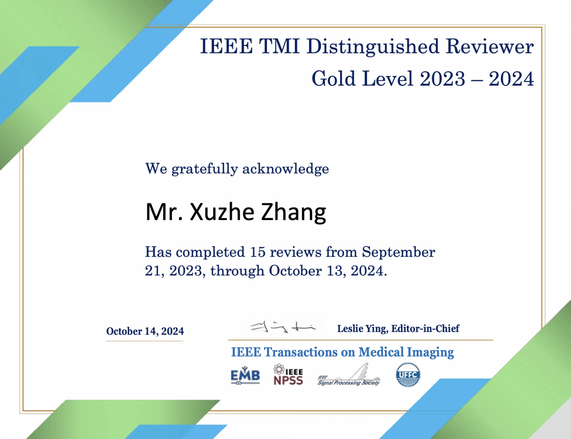IEEE TMI Distinguished Reviewer Gold level 2023 - 2024